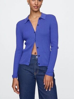 Gap CashSoft Rib Polo Cardigan in Dazzling Blue Women’s Size Medium